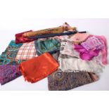 A collection of ladies scarves, including silk, cotton and wool examples. A 1940s double fox