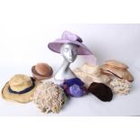 A late 19th Century bonnet, a 1940s black felt hat with lattice design crown, an unusual brown straw