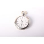 A coin silver open faced pocket watch. Movement stamped 'Patented 11th May 1875' No 1224781. White