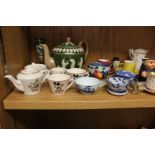 Gesso Faience tea pot, Copeland tea pot, tea bowls, cabinet cups and saucers and other decorative