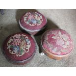 Three Victorian needlework circular footstools and a William and Mary style walnut stool with