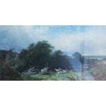 Oil on canvas sheep in a landscape 8 inches by 14.5 inches
