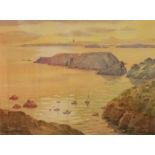 Framed watercolour coastal scene with anchored yachts in foreground, signed by Margaret Waller F.I.A