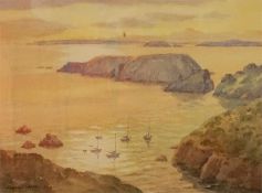 Framed watercolour coastal scene with anchored yachts in foreground, signed by Margaret Waller F.I.A