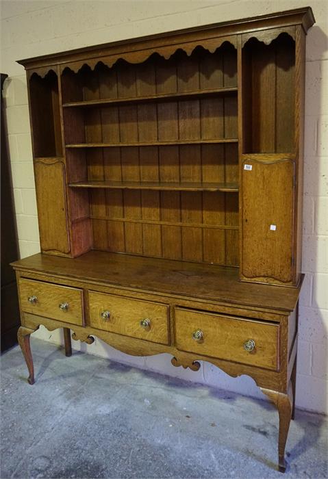 Late 19th century oak dresser, centre plate rack and side cupboards standing on a 3 drawer base - Image 2 of 2