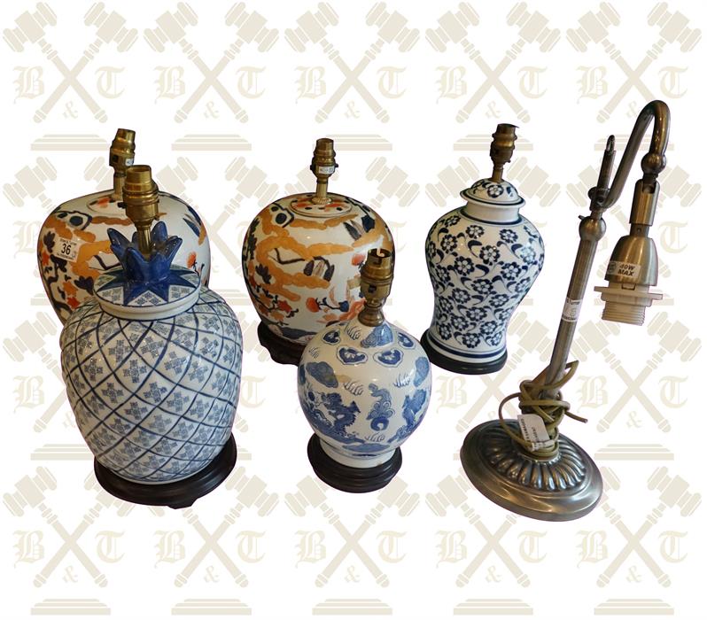 2 x decorative porcelain oriental table lamps & 3 Pottery table lamps and 1 metal desk lamp - Image 2 of 2