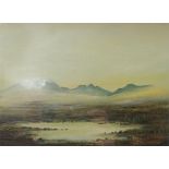 2 framed pictures. One unsigned watercolour of lake scene and one painting of hills and moorland by
