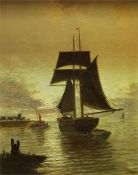 A signed oil on canvas by Sam Bough of a Sailing Boat at Sunset.