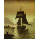 A signed oil on canvas by Sam Bough of a Sailing Boat at Sunset.