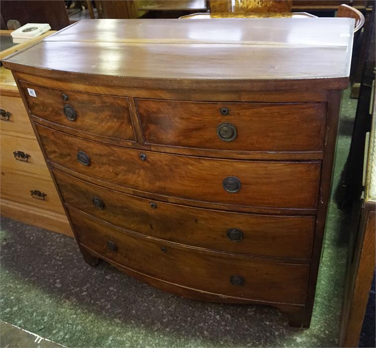 19th century mahogany bow fronted 5 drawer chest of drawers with brass pulls