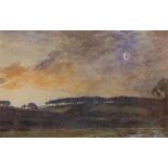 Framed Tom Scott watercolour, evening Border scene with burn in foreground size 6 inches by 9 inch