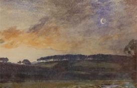Framed Tom Scott watercolour, evening Border scene with burn in foreground size 6 inches by 9 inch