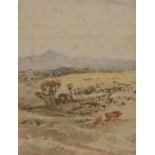 Gilt framed watercolour of cattle grazing in a landscape signed with the initials B.F in the style o