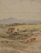 Gilt framed watercolour of cattle grazing in a landscape signed with the initials B.F in the style o