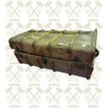 Canvas covered steaming trunk, 3 x brass coal scuttles, brass log box and odd fire irons.