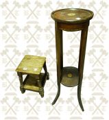 Oak stained stool with turned legs and inlaid Edwardian plant stand