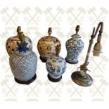 2 x decorative porcelain oriental table lamps & 3 Pottery table lamps and 1 metal desk lamp