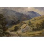 A framed watercolour by P .Celand 1884 valley landscape with cottage & figures