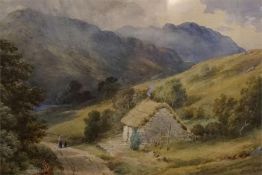 A framed watercolour by P .Celand 1884 valley landscape with cottage & figures
