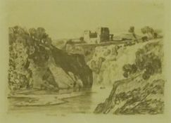 A framed etching of Ragland Castle by J S Cotman and another of Kilgarren Castle