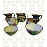 4 pieces of Sunderland lustre ware and 3 copper lustre ware jugs