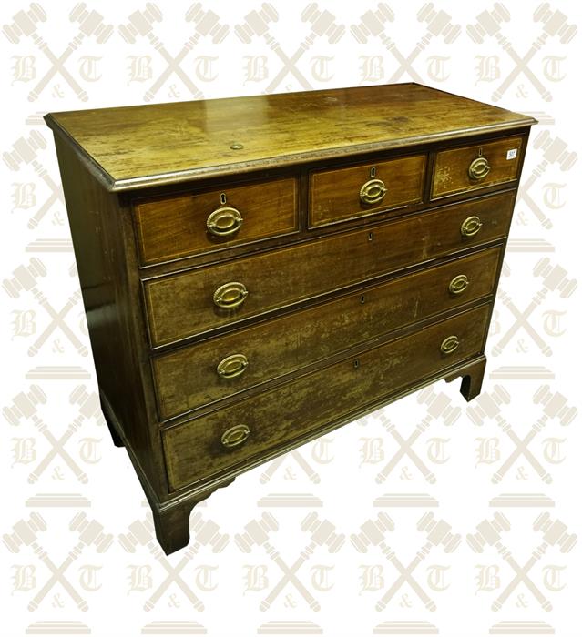 19th Century mahogany chest of 6 drawers with brass pulls, standing on bracket feet