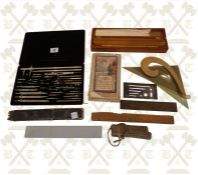 Antique drawing instruments including box set of rulers, full set of boxes drawing instruments,