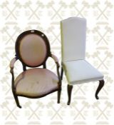 19th Century Ebonised salon chair and a linen covered hall chair