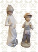 2 x Lladro figures - young boy in overalls 8.5 inches and young girl with poppy 9.5 inches