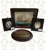 Framed diorama of a sailing ship, a framed model of Devor Gilla Bridge Dumfries and 2 x framed minia