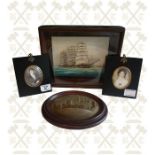 Framed diorama of a sailing ship, a framed model of Devor Gilla Bridge Dumfries and 2 x framed minia