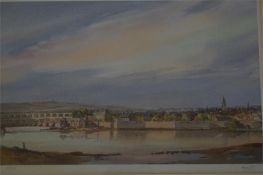 Signed Ltd Edition print of 53/250 of Berwick harbour and fortified walls by Fred Stott
