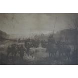 Framed black and white Tom Scott print of the returning Moss Troopers, exhibited 1905, signed on mo