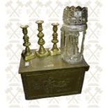 A pair and a single 19th century brass candle sticks, 1 brass covered log box and a crystal lustre