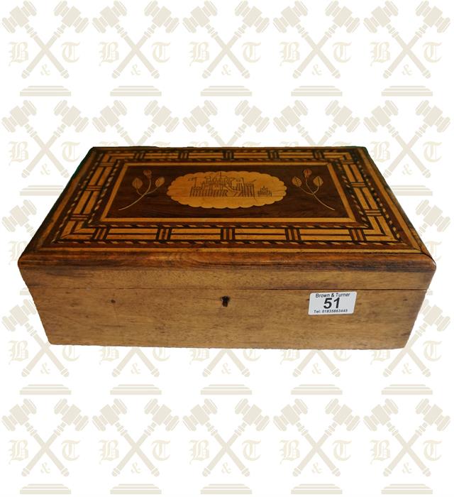 A Maltese walnut work/stationary box with marquetry inlaid lid - Image 2 of 2