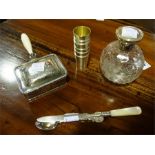 6 continental silver gilt whisky nip beakers,miniature silver chafing dish with ivorine handle, crys