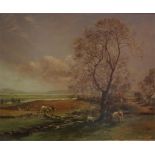 A framed oil on board rural landscape with ploughing in the foreground by Charles Martin Hardie