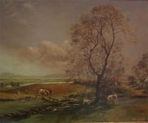 A framed oil on board rural landscape with ploughing in the foreground by Charles Martin Hardie