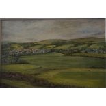 Oil on board of Selkirk golf course with Selkirk in the background by Betty Morrison 19.5 inch by 2