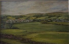 Oil on board of Selkirk golf course with Selkirk in the background by Betty Morrison 19.5 inch by 2