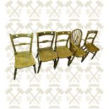 4 x 19th century pine and ash kitchen chairs and ash Windsor chair