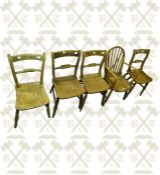 4 x 19th century pine and ash kitchen chairs and ash Windsor chair
