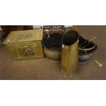 3 brass coal scuttles, brass log box and odd fire irons