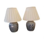 2 x Blue and white oriental ginger jar table lamps