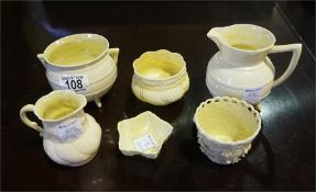 6 pieces of Belleek ware including jug, cauldron, 3 bowls and dish