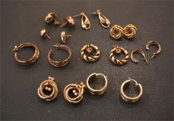 9 Pairs of 9ct and 14ct Gold and yellow metal earrings