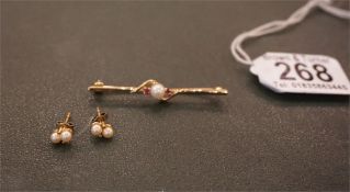 9ct Gold, Ruby and Pearl Bar Brooch and a Pair of 9ct Gold Pearl Earrings.