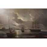 Framed oil on canvas by J Stewart, moonlight estuary scene with sailing ships. 24" by 36"