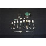 Collection of miscellaneous silver Items, including a mustard pot, napkin ring and assorted spoons