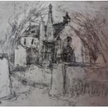 Framed black and white crayon & watercolour of a church by Archie Sutter Watt RSW